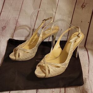 Kate Spade "Genna" Tan/Gold Snake Print Leather Peep Toe Sandals 10B w/Dustbag